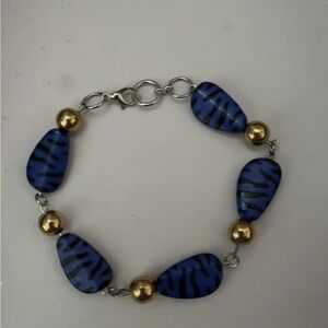 Blue and gold beaded zebra print bracelet handmade